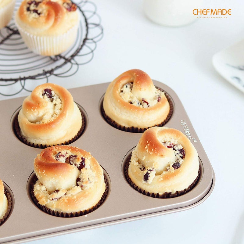 chefmade قالب كعك مافن CHEFMADE، 6 تجويف غير لاصق لصنع الكب كيك، أدوات الخبز للفرن (ذهبي شامبانيا) - Image 3